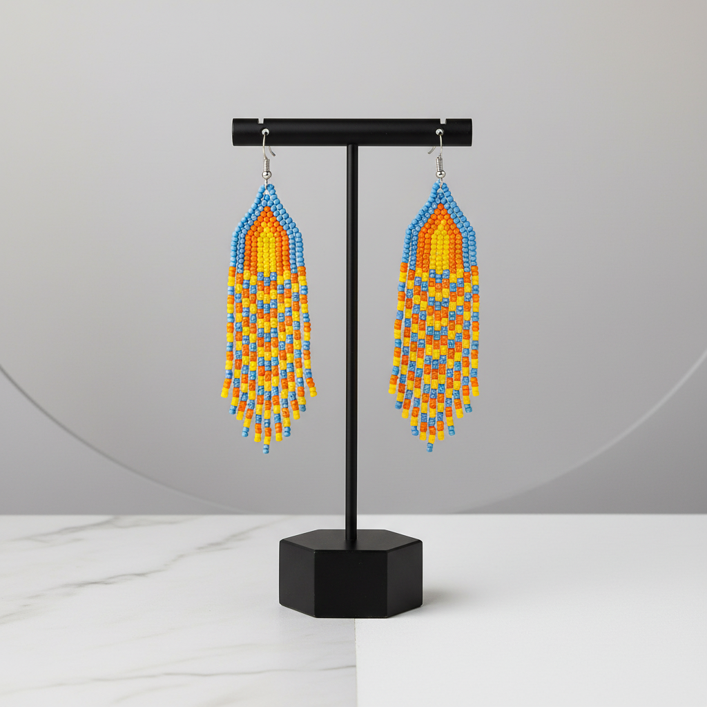 The Emberdrop Earrings – Teardrop Beaded Radiance in Flame & Sky