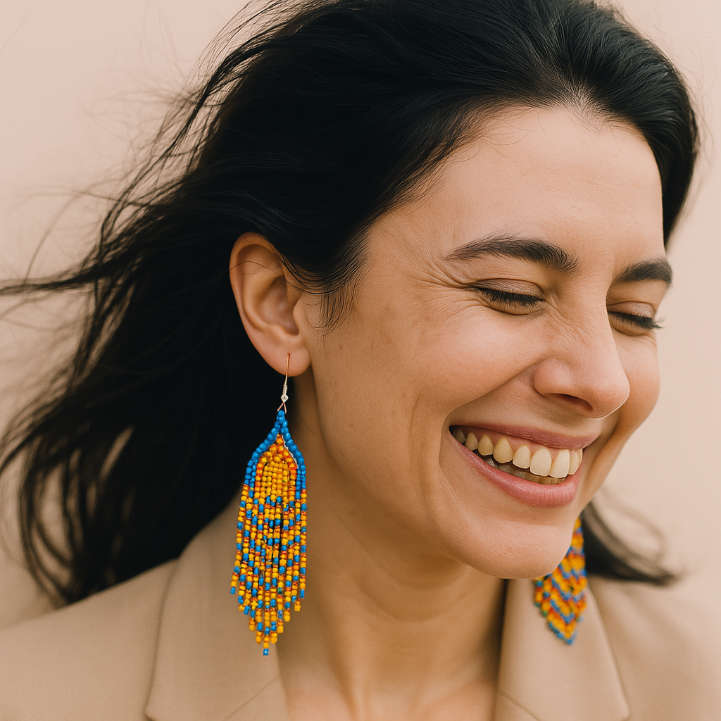 The Emberdrop Earrings – Teardrop Beaded Radiance in Flame & Sky