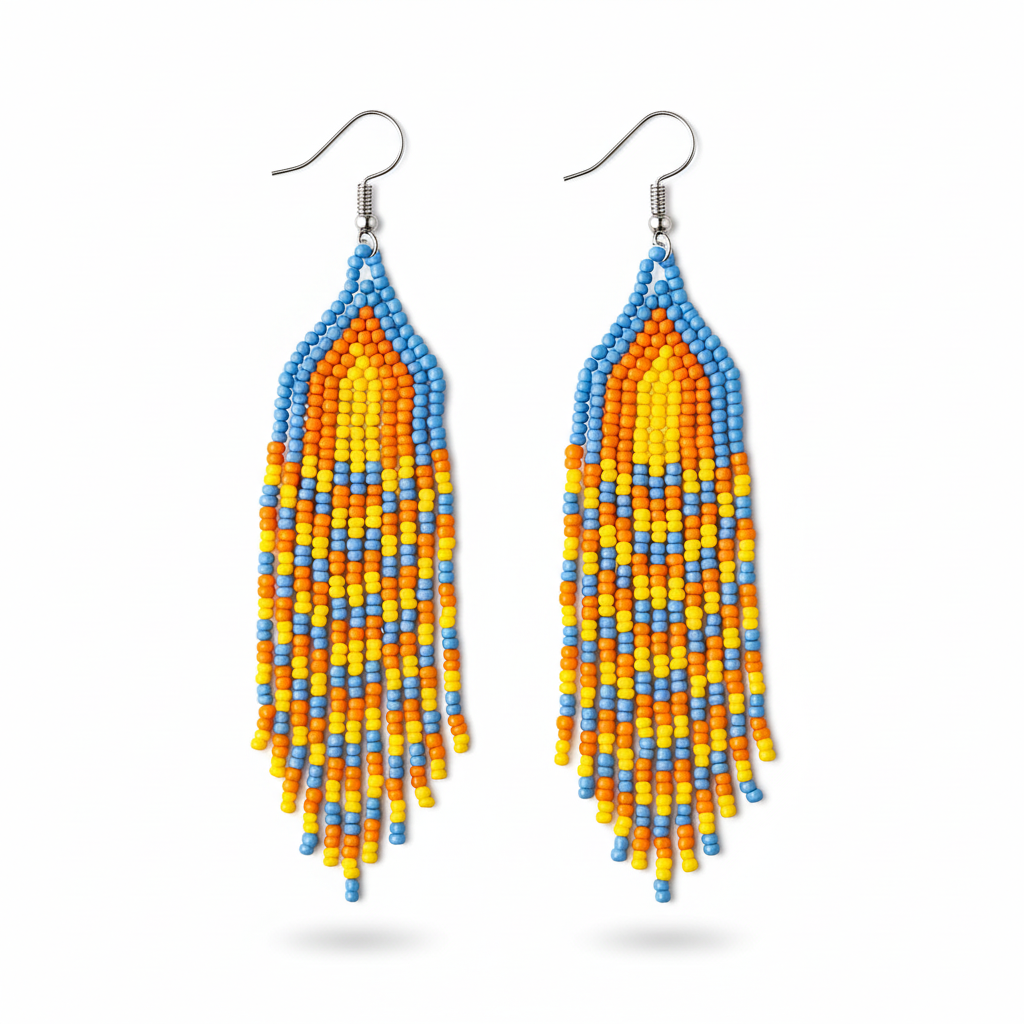 The Emberdrop Earrings – Teardrop Beaded Radiance in Flame & Sky