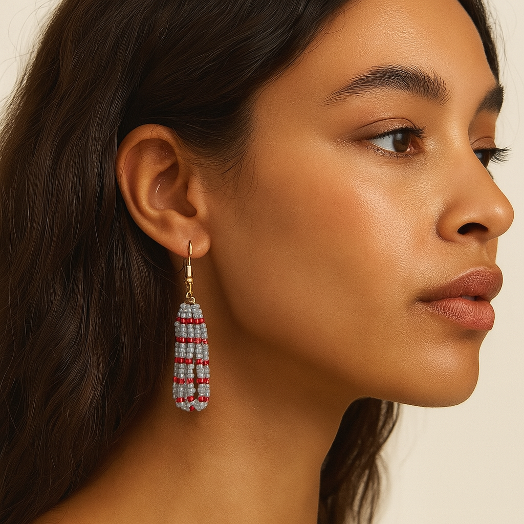 Gina Earrings – Gray & Red Fringe Elegance from the Genesis Collection