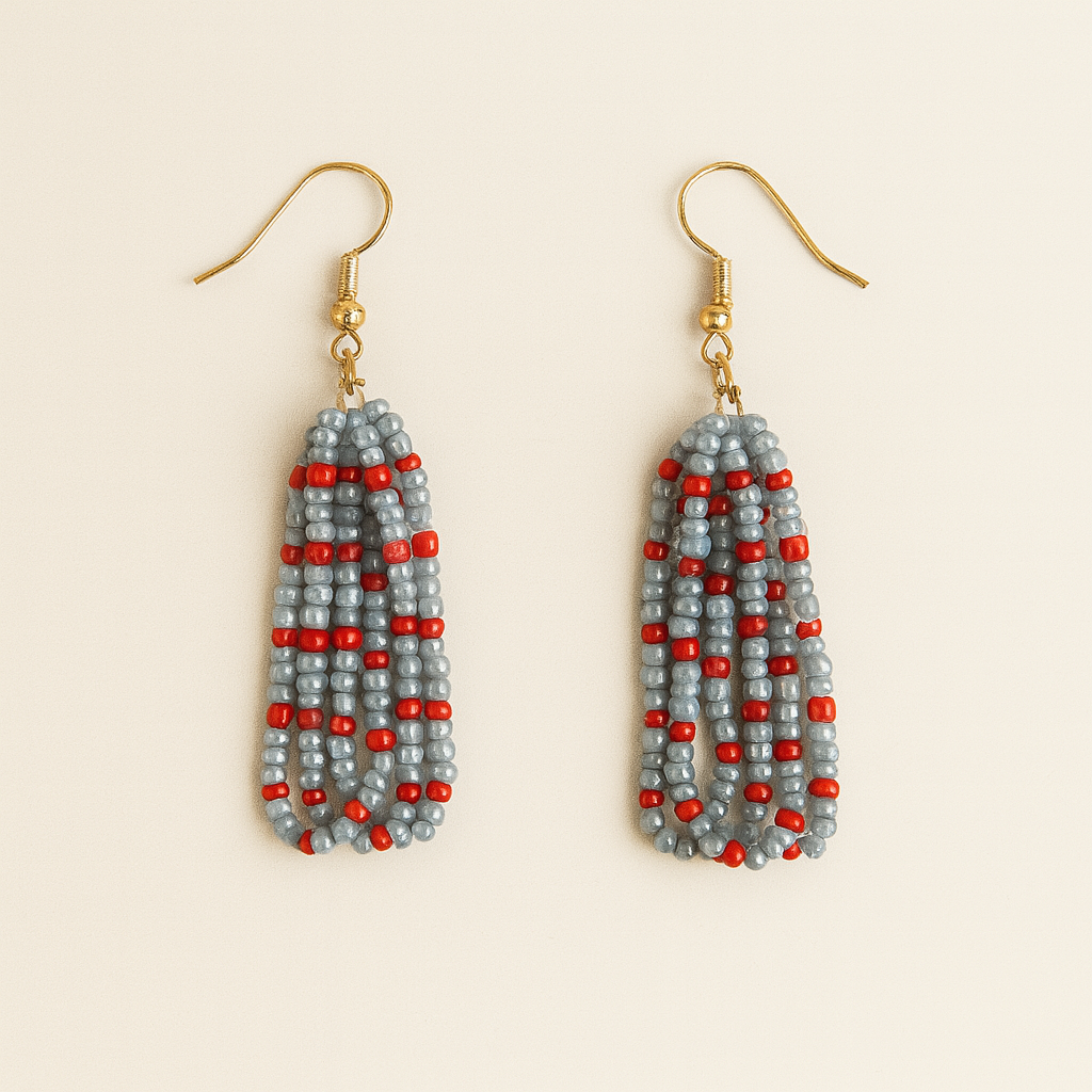 Gina Earrings – Gray & Red Fringe Elegance from the Genesis Collection